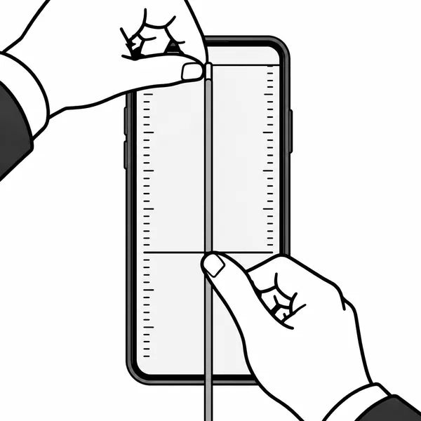 つまんだ紐を画面に置き、先端を 0 の線、つまんだ所をつまみの付いた線に合わせる様子